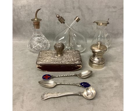 Collection of glass and white metal topped items to include a toddy, flask and ink blotter, pepper mill and three spoons 