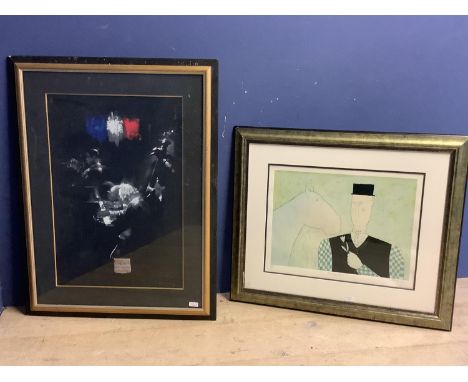 Print of a modern  interior jazz sceene, signed indistinclty lower right,  73 x 50 ; and a print of a man, horse and flower, 