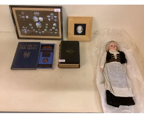 Quantity of Vintage enamel counters/buttons, a vintage doll and maps etc 