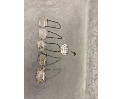 Set of three Sterling silver decanter labels, by JB Chatterley &amp; Sons Ltd, Birmingham 1972, together with 2 plated exampl