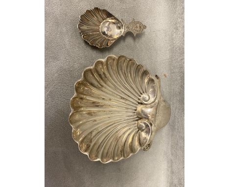 Sterling silver scallop shell dish together with a scallop shaped caddy spoon, by Josiah Williams &amp; Co, London, and Lambe