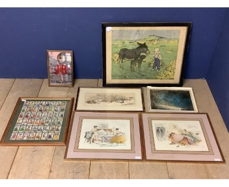 Quantity of pictures to include a pair of interior scenes , framed gallagher cigarette cards of racehorse jockeys, and a hume