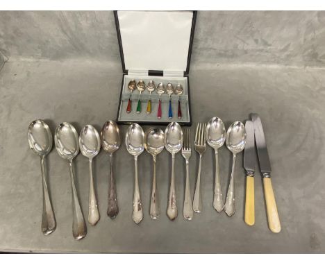 Boxed set of silver plated and guiloche enamel coffee spoons together with a collection of electroplated wares