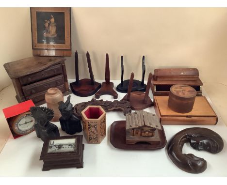 Quantity of Vintage wooden items to include an inlaid fruitwood panel. Some damage, see images 