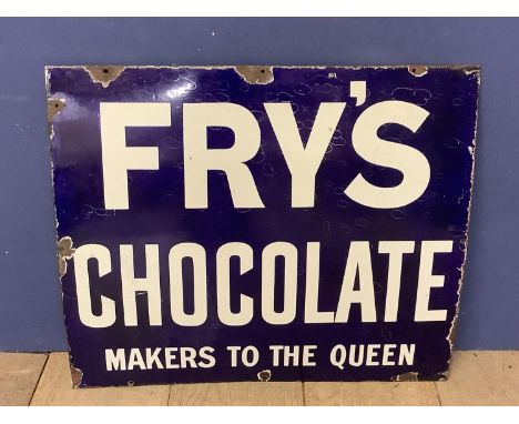 An enamel Frys Chocolate aadvertising sign on tin, some losses to sides and screw holes, 61 x 71cm 