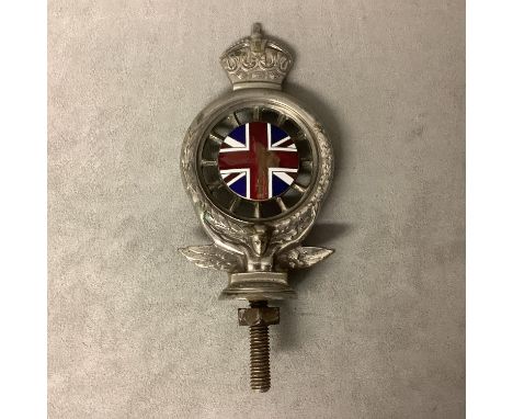 Vintage white metal car mascot or bonnet hood ornament, Royal Automobile club "RAC" central enamel union jack decoration (som