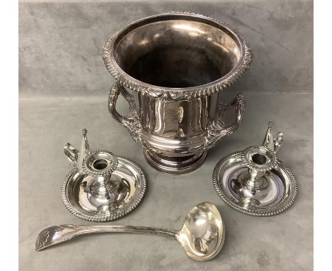 A silver plated campagna style champagne ice bucket, together with a pair of plated "go to beds" with attached snuffers and a