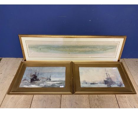 W L  Wyllie, English school, pair of nautical prints, in gilt glazed frames, and a panoramic print of Portsmouth and Southsea