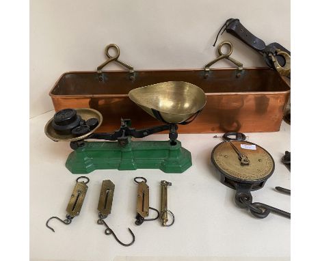 Quantity of brass and copper wares to include vintage scales , green base; heavy salter meat hook spring bound scales; other 