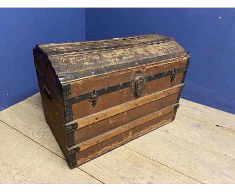 Domed top storage trunk with wooden slats and handles 