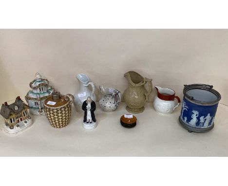 Quantity of china to include a blue and white wedgwood biscuit barrell, set of 6 coloured enamel and brass circular dishes et
