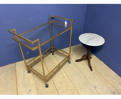 Small occasional table, with marble style top, and a vintage two tier metal trolley, with glazed  shelves,  as found 