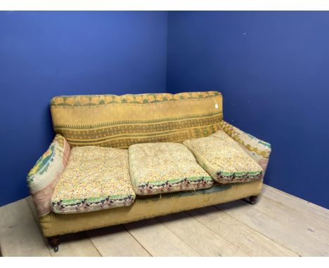 Upholstered 3 seater sofa, on mahogany legs to castors, in need of restoration and upholstery , approx 180cmL x 93cmD x heigh