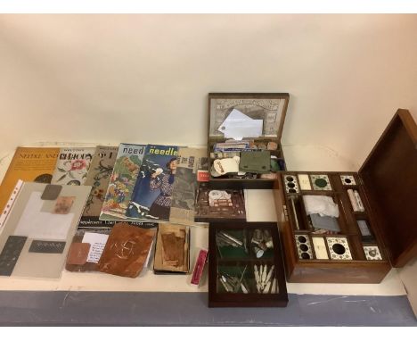 Vintage needlework collection, including A Roman needle, a fitted needlwork box with contents, thimbles, copper ad tin stenci