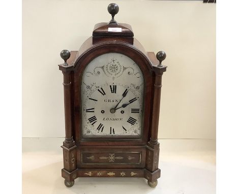 A good mahogany cased and brass inlaiddouble fusee Bracket clock, by Grant, London, flanked with pierced foliate grills and b