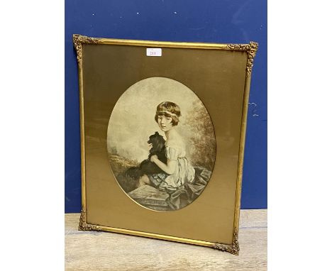 A Lithograph Print, William Ablett, English School, 1877-1937, Seated portrait of a 1920s child holding a dog in a circular m
