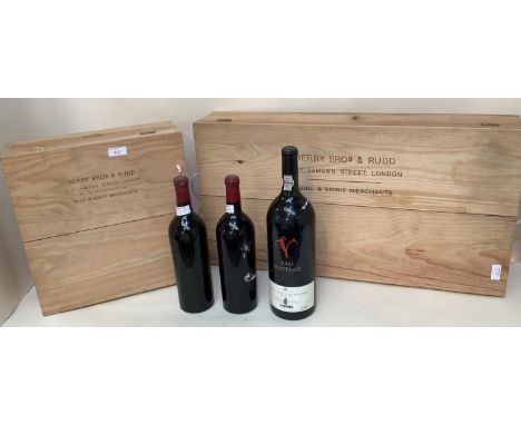 Two presentation boxes, Berry Bros &amp; Rudd, and some bottles of wine, including a Magnum of Vintage Port