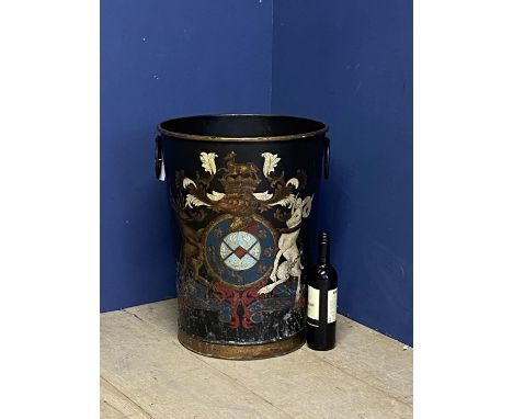 Decorative log basket/basket, with armorial painted coat of arms to front, and large ring handles 