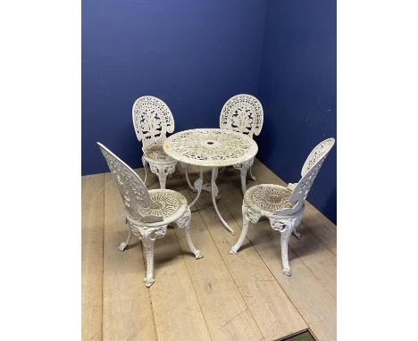 White painted garden table and chairs, weathered and light weight  (not heavy wrought iron) 69cm diameter 