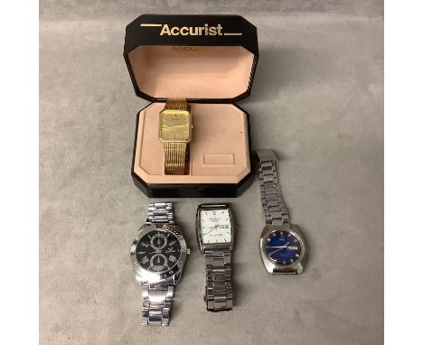 Four vintage gents wristwatches, to include a Nino 25 Jewel Automatic, blue face with  Day/Date aperture at 3 in a stainless 