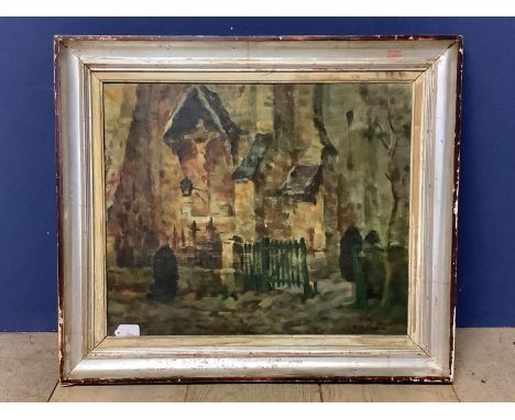 Oil on canvas of a impressionist style  church and street scene, possibly french school signed  R De Crecune 49 x 59 in a sil