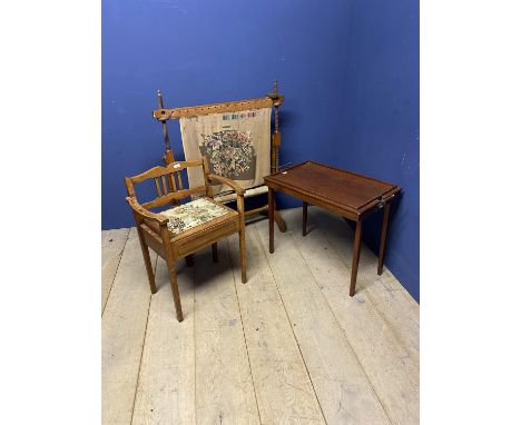tapestry seated piano stool, a campaign style  tray on folding legs, makers mark The Osterley Table tray, a tapestry stretche