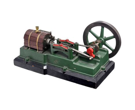 Modell einer liegenden Einzylinder-Kolbendampfmaschine, um 1950  Hergestellt aus Stahl, Gußeisen und Messing, mahagonibeplank