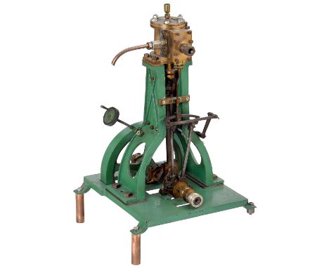 Präzisionsmodell einer stehenden Dampf­maschine, um 1960  Hergestellt aus Messing, Gußmetall und Stahl, Zylinder Ø 5,8 cm, La