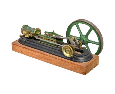 Liegende Einzylinder Dampfmaschine, um 1970  Hergestellt aus Messing, Gußmetall und Stahl, teilweise grün lackiert, Messing-Z