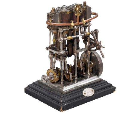 Präzisionsmodell einer stehenden Zweizylinder-Dampfmaschine, um 1960  Hergestellt aus Messing und Stahl, Mahagoni-beplankte Z