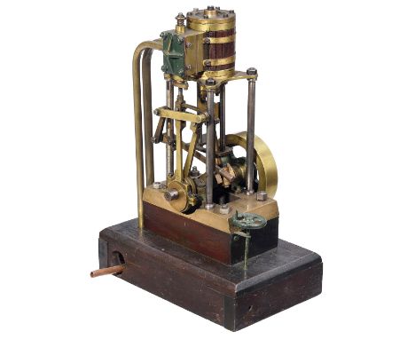 Präzisionsmodell einer stehenden Dampf­maschine, um 1930  Hergestellt aus Messing und Stahl, mahagonibeplankter Zylinder Ø 4,
