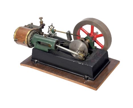 Modell einer liegenden Kolbendampfmaschine  Hergestellt aus Stahl, Gußeisen und Messing, mahagonibeplankter Zylinder, Ø 6,5 c
