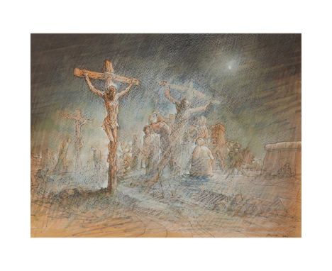 § PETER HOWSON O.B.E. (SCOTTISH 1958-) CRUCIFIXION - 2017 Signed and dated lower right, mixed media on coloured paperDimensio