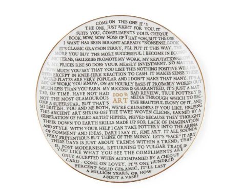 § GRAYSON PERRY C.B.E., R.A. (BRITISH 1960-) '100% ART' PLATE - 2020 Ceramic plate, developed for the Holburne Museum, in col