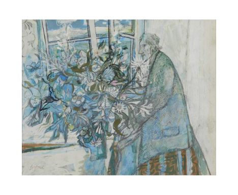 § JOHN BYRNE R.S.A. (SCOTTISH 1940-) SELF PORTRAIT WITH FLOWERS Signed lower left, mixed media on paperDimensions:17.5cm x 22