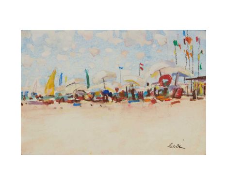 § GEORGE DEVLIN R.S.W (SCOTTISH 1937-2014) BEACH, VIAREGGIO Signed lower right, mixed media on paperDimensions:14cm x 20.5cm 