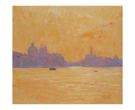 § GEORGE DEVLIN R.S.W (SCOTTISH 1937-2014) YELLOW SUNRISE, VENICE Signed lower right, oil on canvasDimensions:51cm x 56cm (20