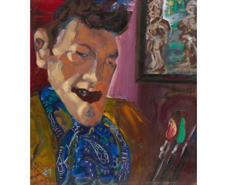 § DERRICK GUILD R.S.A (SCOTTISH 1961-) PORTRAIT OF THE ARTIST - 1989 Signed and dated lower left, oil on panelDimensions:44cm