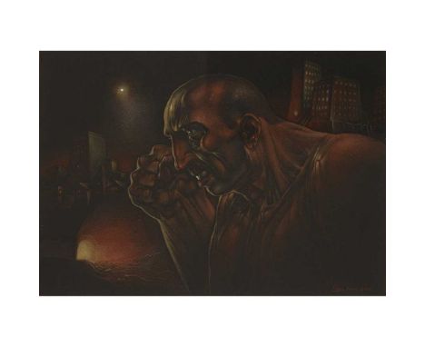 § PETER HOWSON O.B.E. (SCOTTISH 1958-) STEAM AND POWER - 2021 Signed and dated lower right, mixed media on black paperDimensi