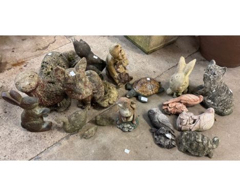 Assorted concrete, porcelain and cast iron garden ornaments