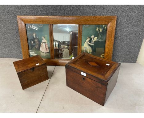 Two vintage wooden boxes and oak framed tryptic mirror 
