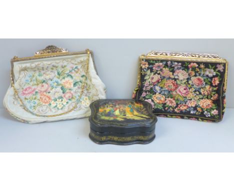 A vintage Russian lacquered box and two petit-point purses 