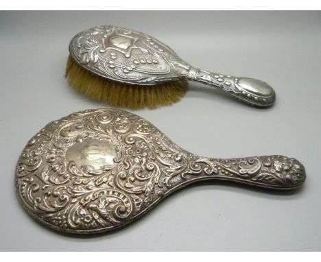 A silver hand mirror back and brush, a/f 