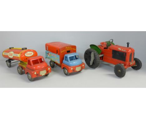 A Welsotoys Robin Paint and Poster truck, lacking ladder, a tin-plate Esso petrol tanker and a Tri-ang No.2 Minic tractor 
