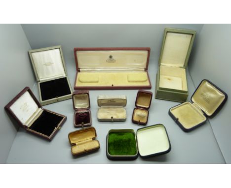 Ten antique and vintage jewellery presentation boxes including Fortnum &amp; Mason and Mappin &amp; Webb, ring boxes, shirt s