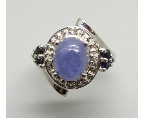 A silver Tanzanite, blue sapphire and white topaz ring, L, with certificate 