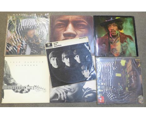 Seven LP records, Bob Dylan, Desire, Jimi Hendrix, War Heroes and Electric Ladyland, David Bowie, Ziggy Stardust and Changes 