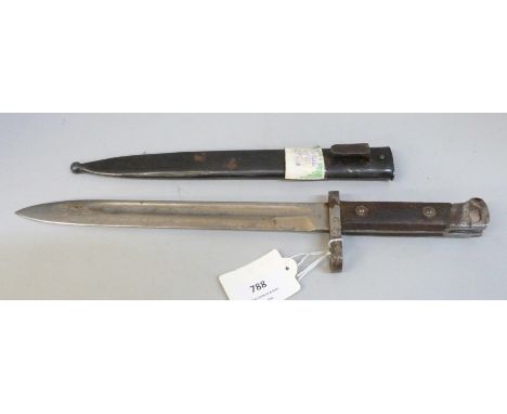 An Austrian 1895 pattern Manonlicher bayonet with marks CE over WG, with scabbard 