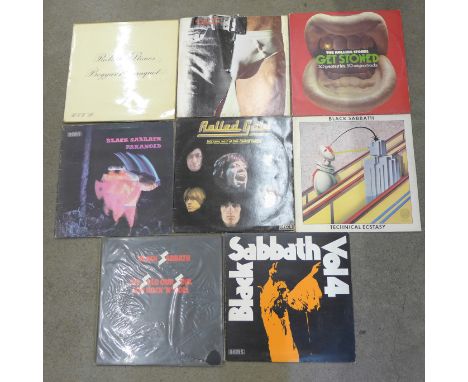 Eight rock LP records, Rolling Stones and Black Sabbath including Paranoid, Rolling Stones Sticky Fingers cover a/f 