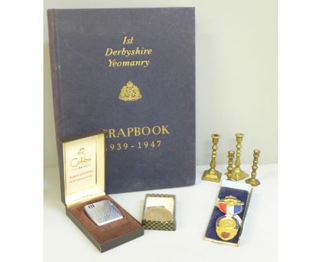 A RAOB 1937 Coronation medal, one other medallion, a Colibri lighter, four small brass candlesticks and one volume, 1st Derby